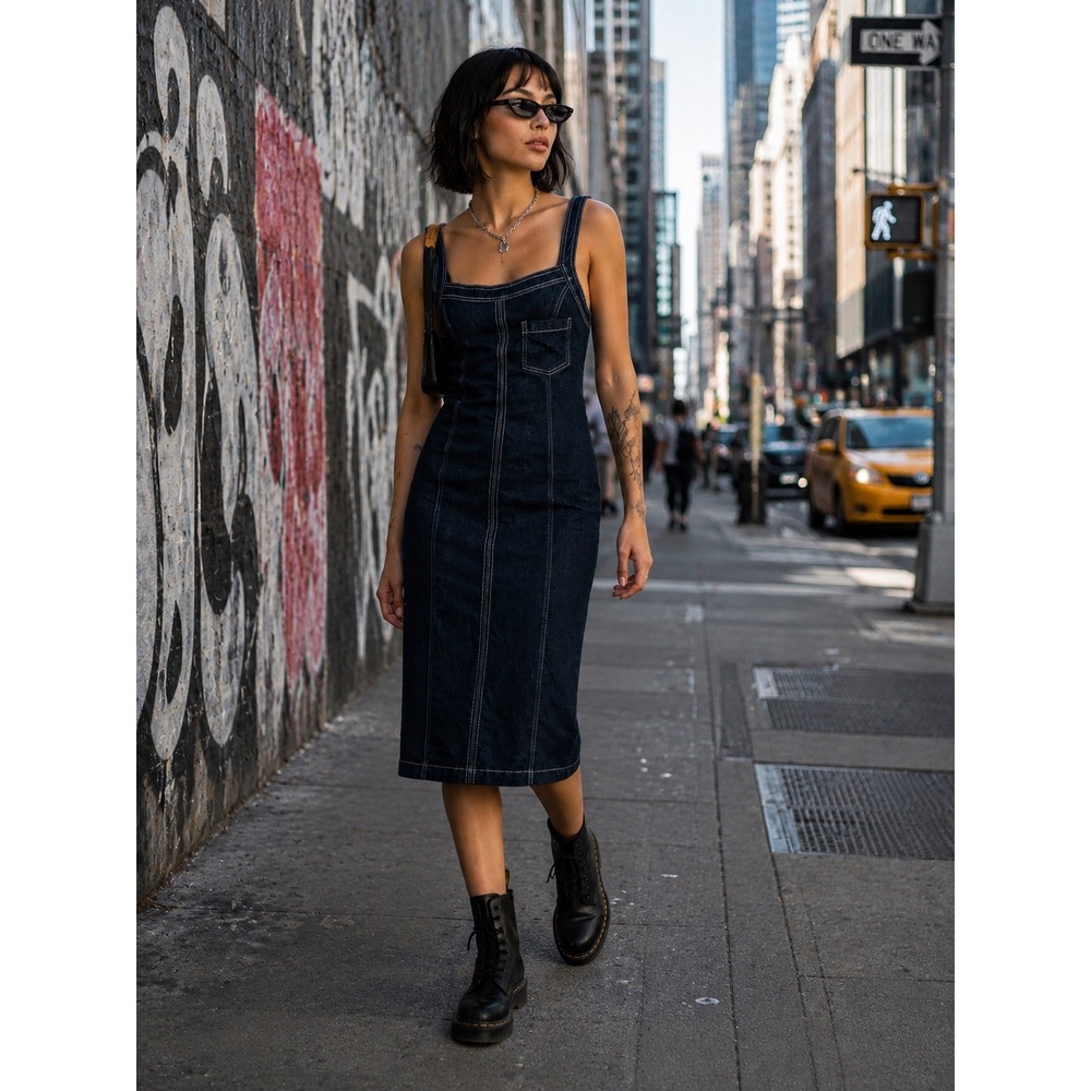 BDG Womans Small Dress Jumper Denim Apron Belted Dark Wash Jean Stretch New